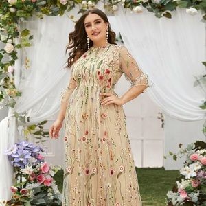Plus Embroidery mesh maxi dress